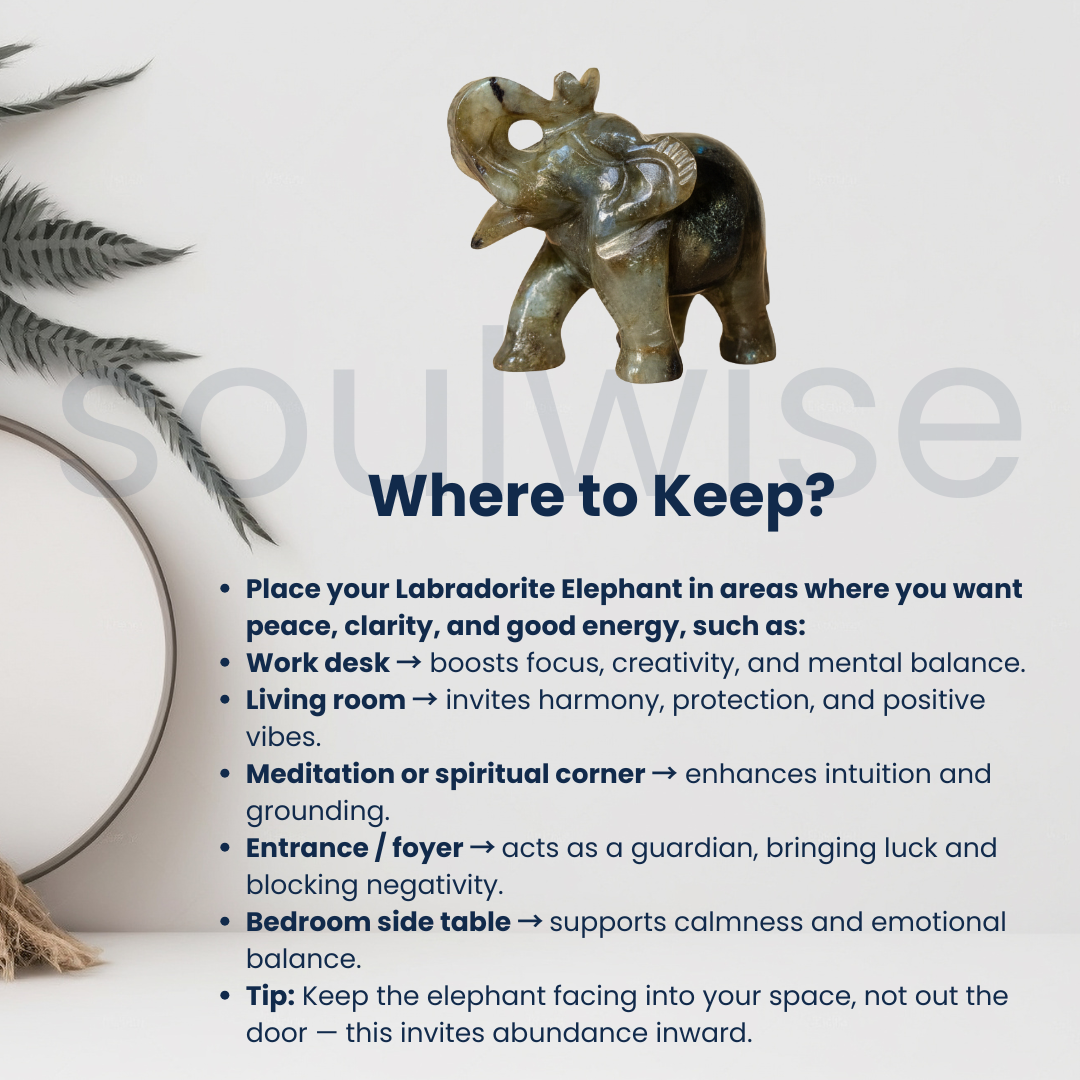 Labradorite Healing Crystal Elephant Decor – Hand-Carved Natural Gemstone Figurine | Good Luck, Protection & Prosperity | Spiritual Home & Office Decor
