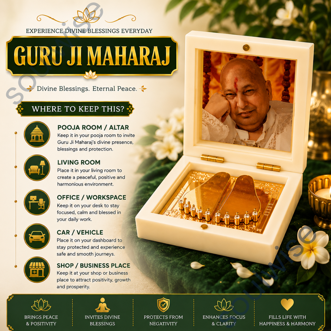 Guru Ji Maharaj Golden Paduka Temple Box with Photo Frame – Premium Spiritual Décor & Divine Blessings Showpiece for Home, Office & Pooja Room