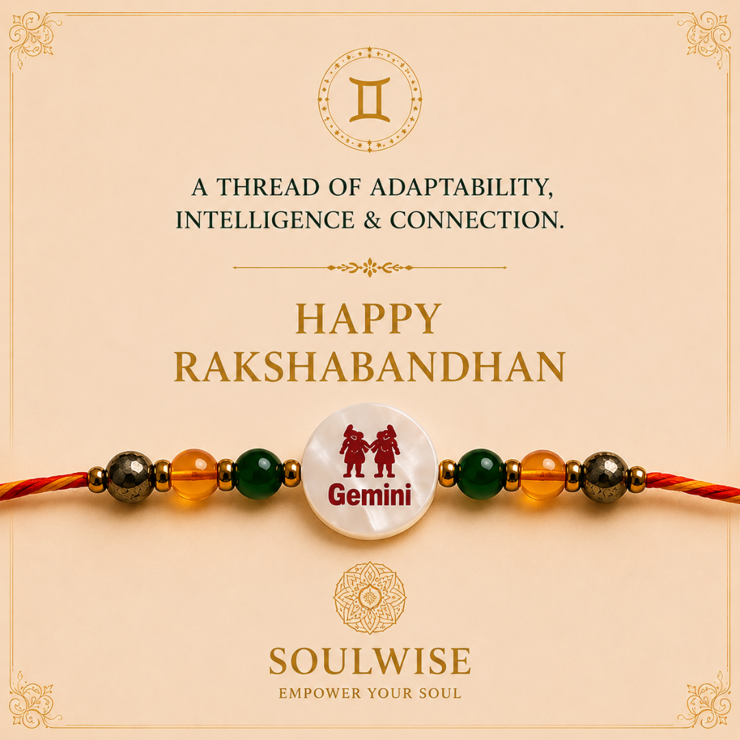 Money Magnet Gemini Rakhi – Green Jade, Citrine, Pyrite & Mother of Pearl Zodiac Rakhi for Prosperity, Communication & Positive Energy