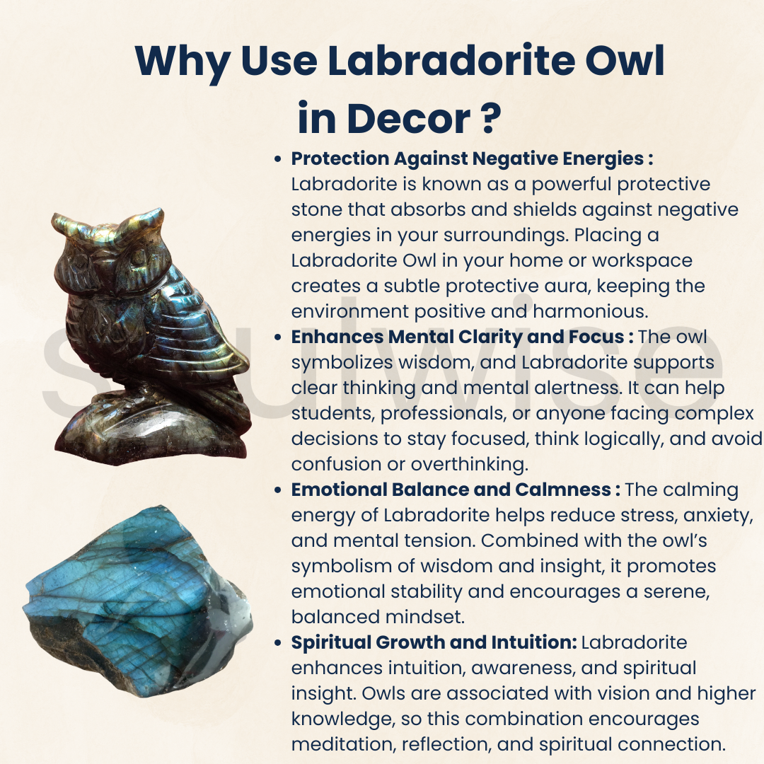 Labradorite Owl, Hand-Carved Crystal Figurine, Spiritual Decor, Meditation & Healing Stone.