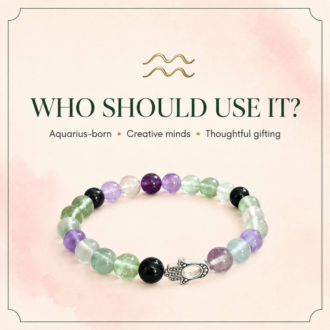 Aquarius Zodiac Crystal Bracelet with Hamsa Hand Charm – Certified Natural Multi-Stone 8mm Beads