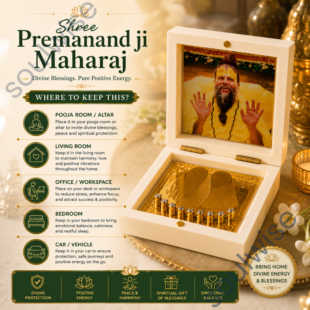 Shree Premanand Ji Maharaj Golden Paduka with Photo Frame Box – Premium Spiritual Showpiece for Home Temple, Office & Pooja Room (3x3 Inch)