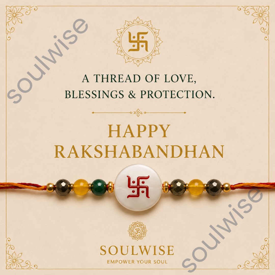 Money Magnet Swastik Rakhi – Green Jade, Citrine, Pyrite & Mother of Pearl Rakhi for Prosperity, Protection & Positive Energy