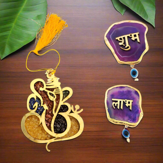 Diwali Decor Ganesha Door Hanger 5" with Natural Agate Shubh Labh Sticker | Entrance Vastu Combo for Home, Office, Pooja Room & Return Gifting.