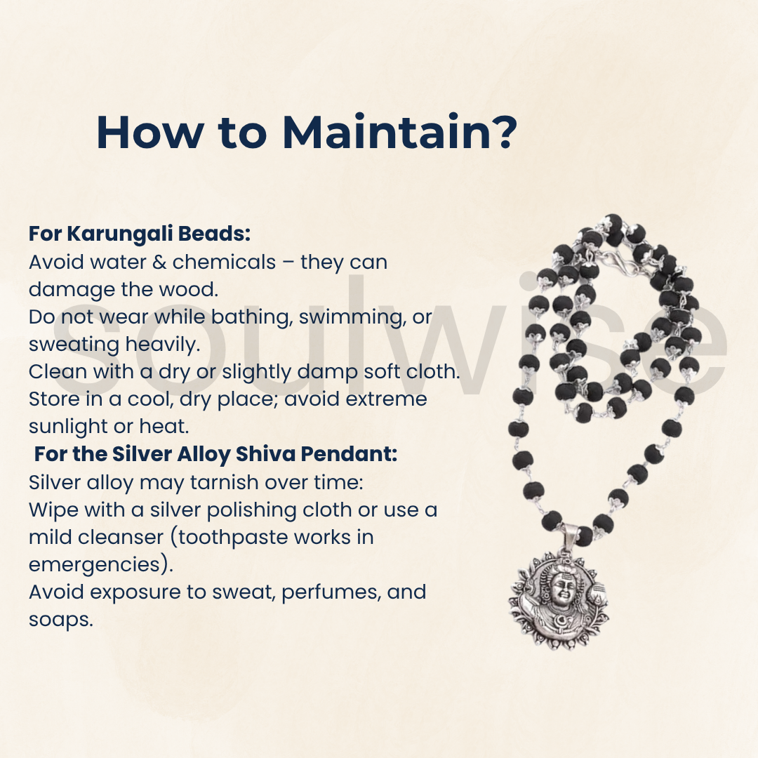 Karungali Mala with Lord Shiva Pendant – Handmade Ebony Wood Beads Necklace with Silver Alloy Pendant for Men & Women – Spiritual, Protective & Devotional Wear