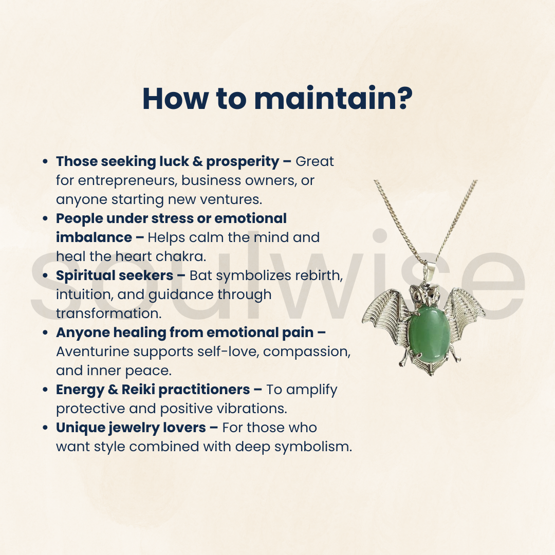 Green Aventurine Bat Symbol Pendant – Natural Crystal Necklace for Luck, Protection & Heart Chakra Energy – Unisex Spiritual Jewelry