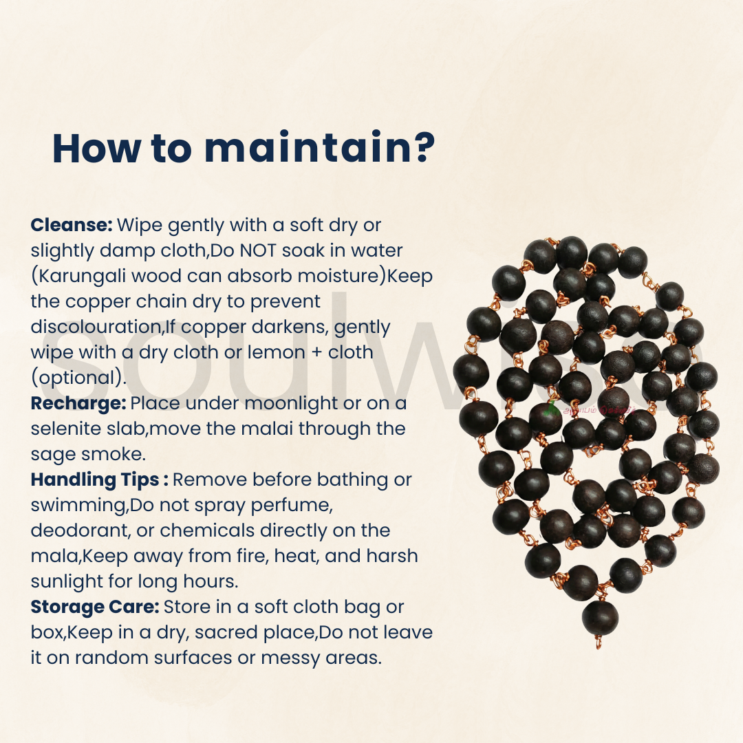 Soulwise Traditional Karungali Mala, Black Wooden Prayer Beads with Copper Chain Links, 54 Beads Meditation Rosary Necklace