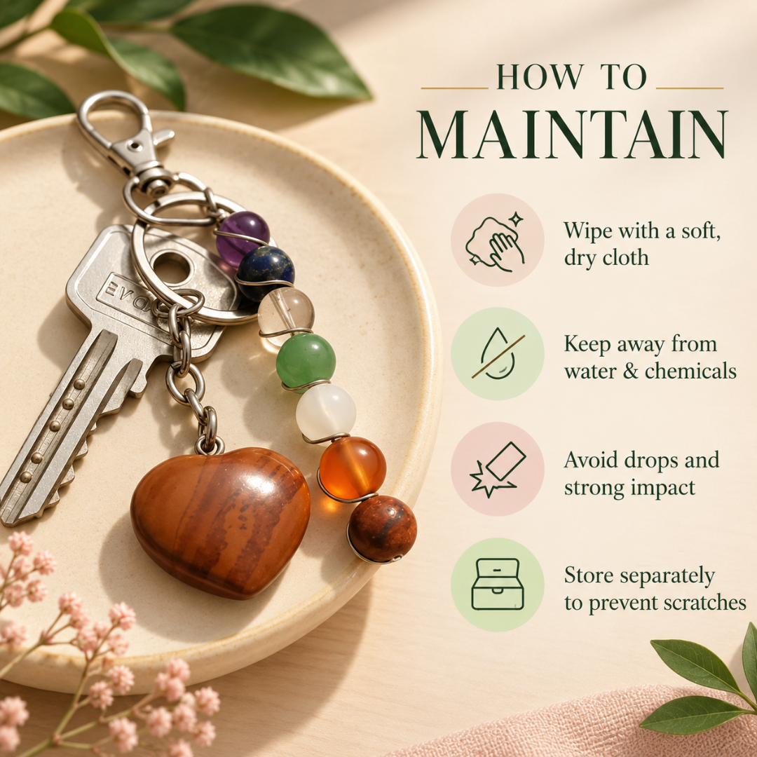 Seven Chakra Bead Keychain with Random Crystal Heart Stone – Natural Healing Energy Keyring for Positivity, Balance & Protection