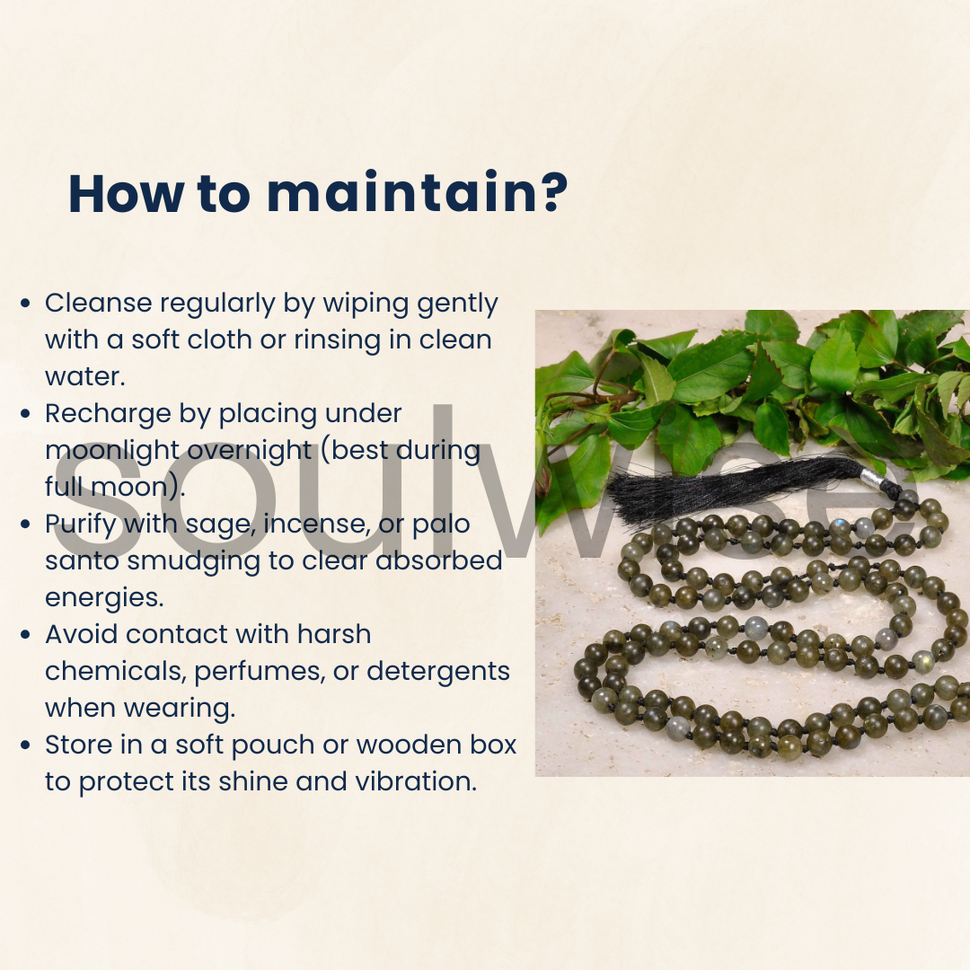 Soulwise Natural Labradorite Jaap Mala 108+1 Beads (8mm) | Spiritual Healing Prayer Beads for Meditation, Mantra Chanting, Reiki & Chakra Balancing