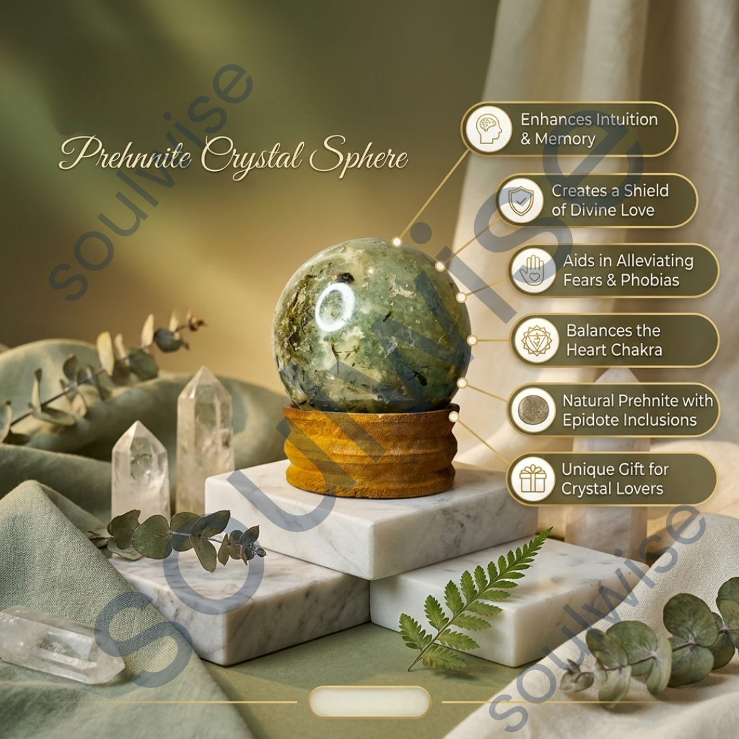 Prehnite Crystal Sphere (60–65mm) with Stand – Natural Healing Crystal Ball for Meditation, Reiki, Chakra Balancing & Home Décor