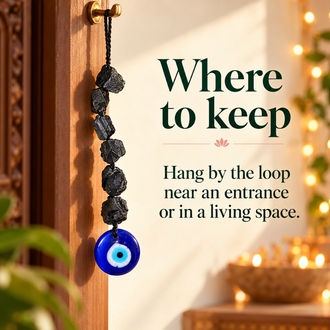 Evil Eye Black Tourmaline Hanger – Crystal Decorative Hanging for Home Entrance, Meditation Space & Spiritual Gifting
