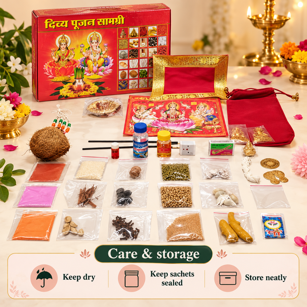 Divya Pujan Saamgri – Traditional Hindu Puja Samagri Kit for Home Worship, Diwali, Dhanteras & Religious Gifting