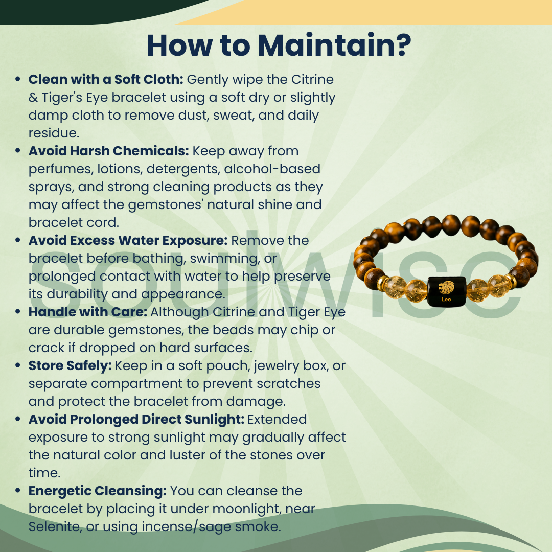 Leo (Simha Rashi) Zodiac Bracelet – Natural Citrine & Tiger Eye Crystal Bracelet for Success, Confidence & Leadership