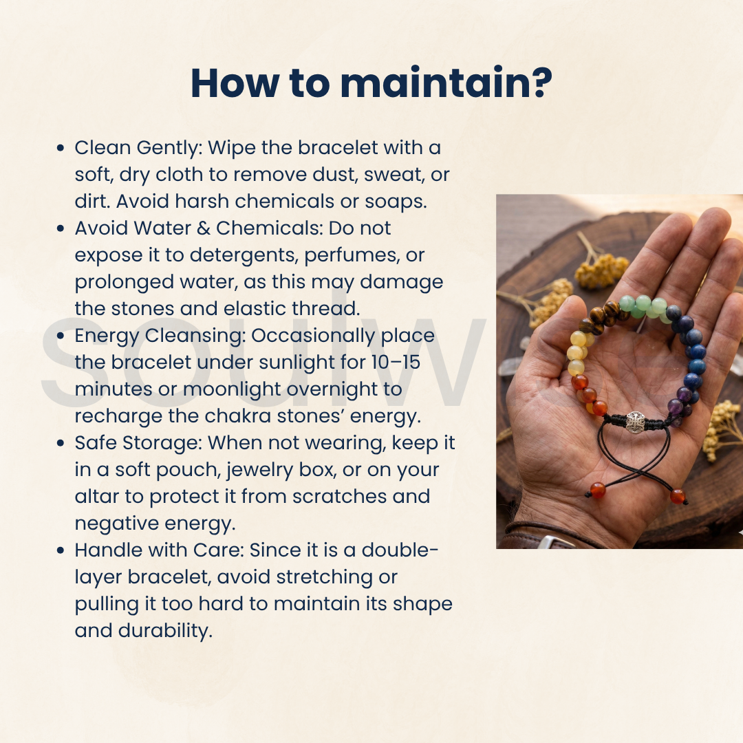 Seven Chakra Double Layer Bracelet with 5 Blessing Charms for Encourages emotional stability and focus.