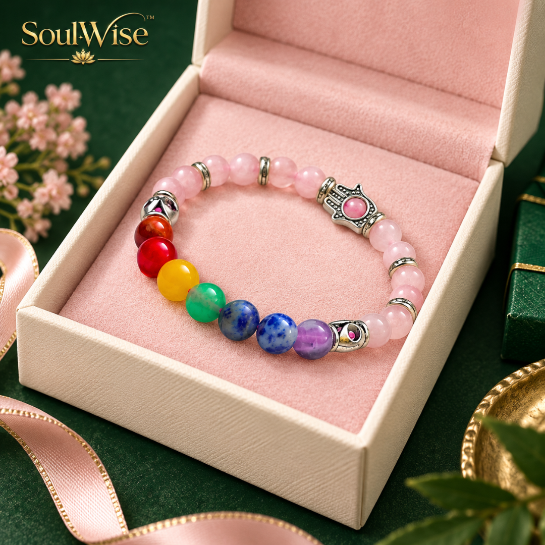 Rose Quartz Bracelet with 7 Chakra Beads & Hamsa Hand Charm – Natural Pink Healing Crystal Bracelet for Love, Protection, Emotional Balance, Positive Energy, Reiki & Spiritual Harmony | Unisex Gemstone Jewelry