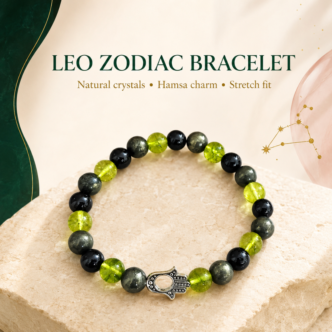 Leo Zodiac Crystal Bracelet with Hamsa Hand Charm – Certified Natural Multi-Stone 8mm Beads