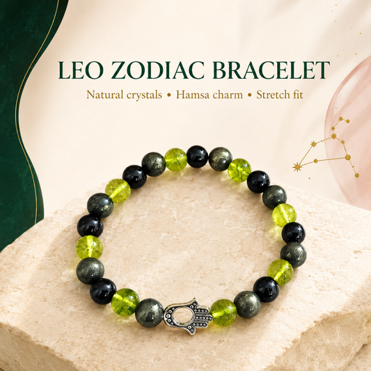 Leo Zodiac Crystal Bracelet with Hamsa Hand Charm – Certified Natural Multi-Stone 8mm Beads