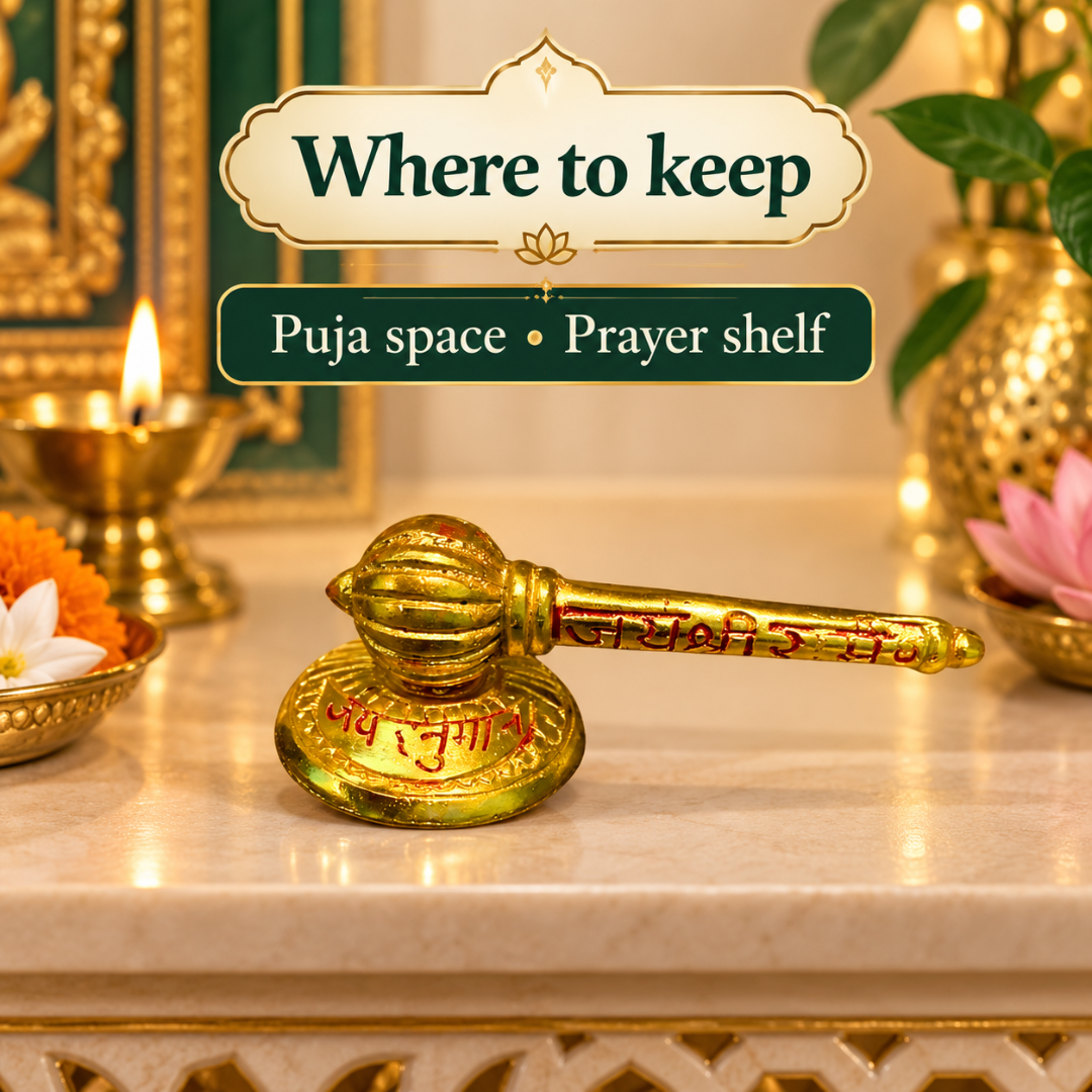 Siddh Hanuman Ji Gada with Stand 3 Inch – Golden-Plated Metal Base, Symbol of Strength & Protection | Diwali Gift