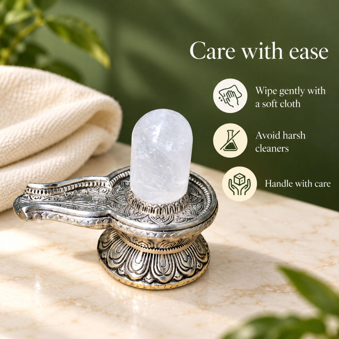 Clear Quartz Shivling 540g with Silver-Plated Base – Crystal Shiva Lingam for Home Mandir, Puja & Gifting
