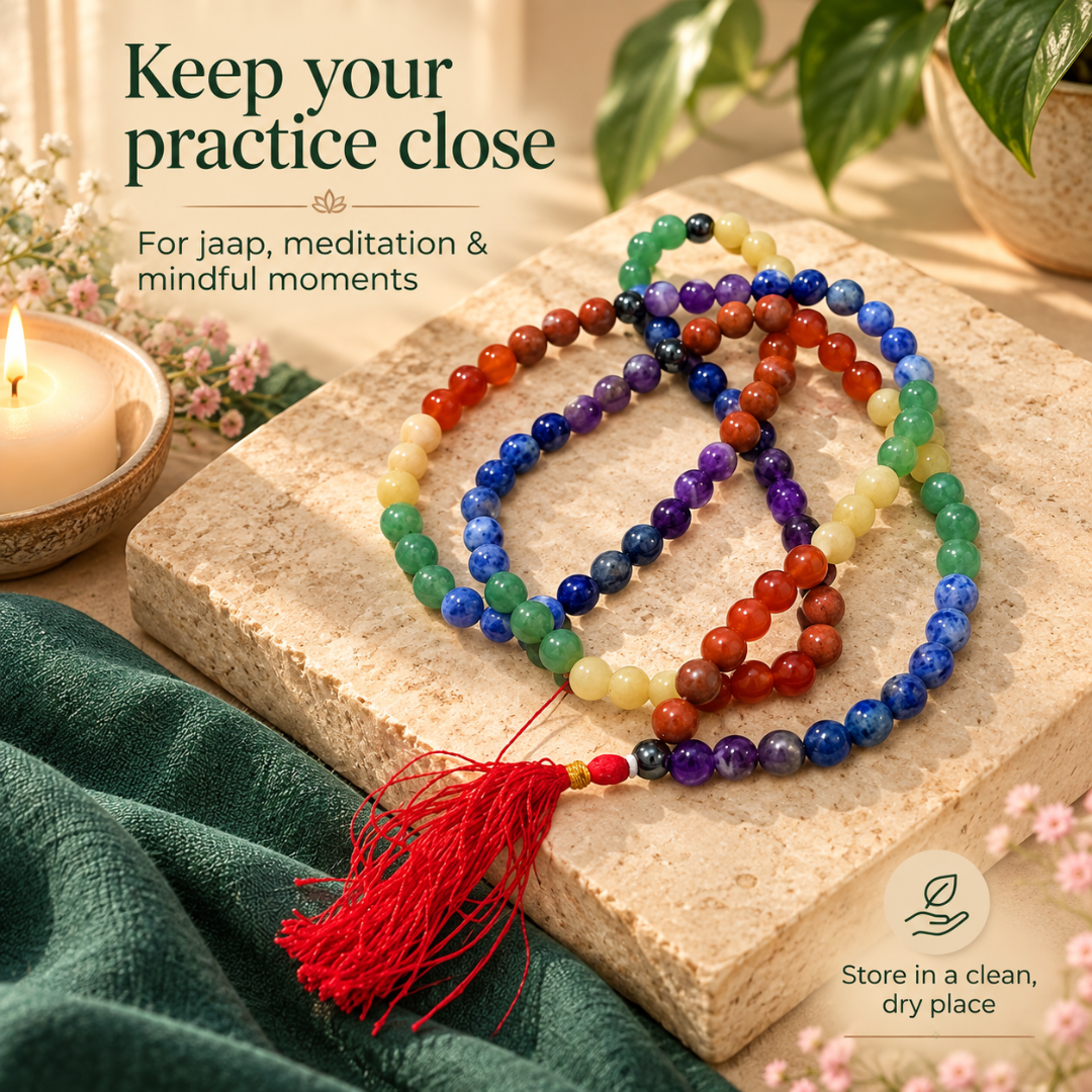 7 Chakra Crystal Jaap Mala Necklace – Natural Seven Chakra Healing Gemstone Prayer Beads for Meditation, Reiki, Energy Alignment & Spiritual Balance