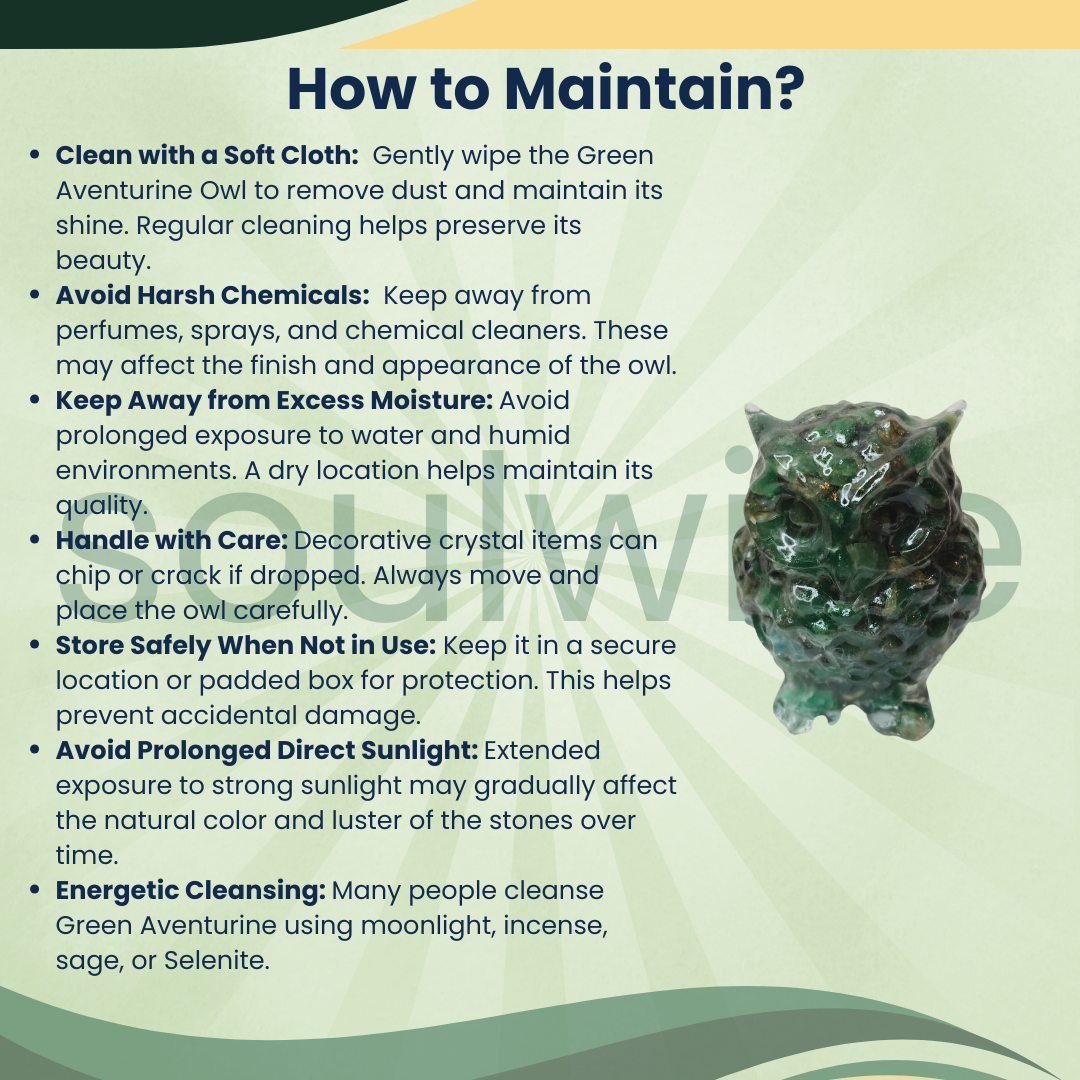 Green Aventurine Owl – Natural Crystal Owl for Prosperity, Wisdom, Good Luck & Positive Energy | Spiritual Home & Office Décor