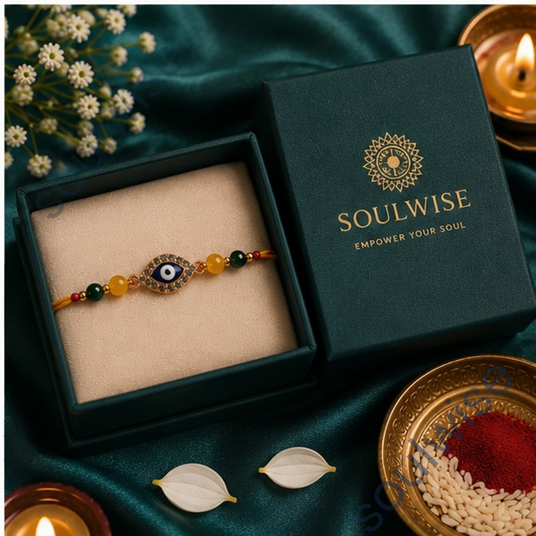 Citrine & Green Jade Rakhi with Evil Eye Charm – Crystal Rakhi for Prosperity, Protection & Positive Energy