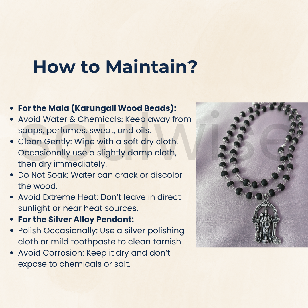 Karungali Mala with Lord Murugan Pendant – Handmade Ebony Wood Bead Necklace with Silver Alloy Pendant – Spiritual Protection Mala for Men & Women