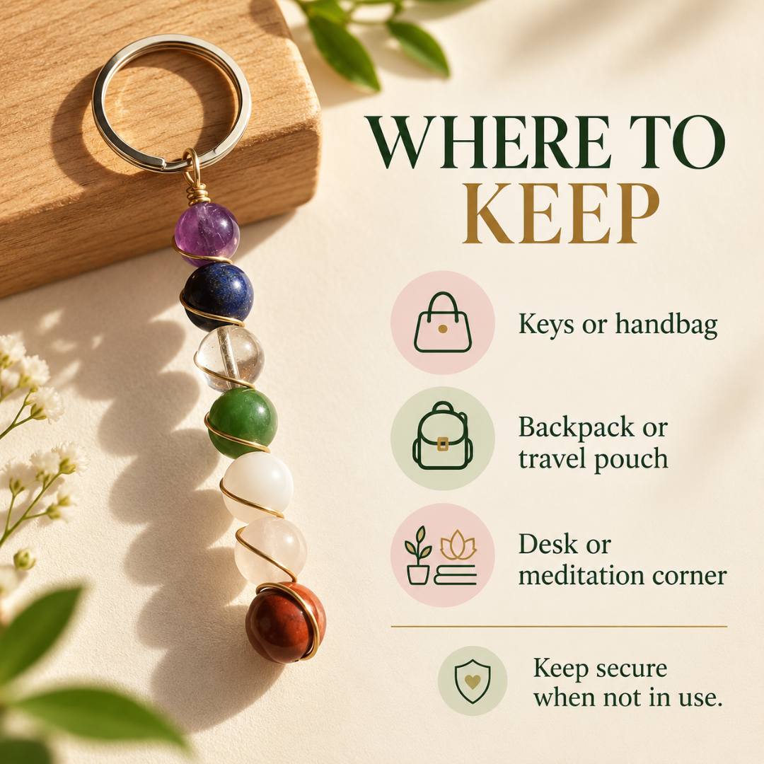 Seven Chakra Bead Keychain, with Random Golden or Silver Colour, Natural Gemstone Healing Keyring, for Positivity, Protection, and Good Energy