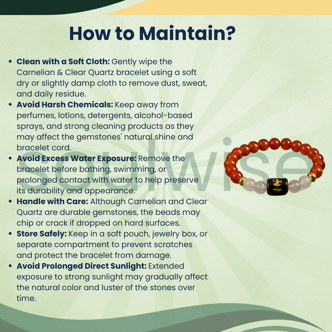 Virgo (Kanya Rashi) Zodiac Bracelet – Natural Carnelian & Clear Quartz Crystal Bracelet for Confidence, Focus & Clarity