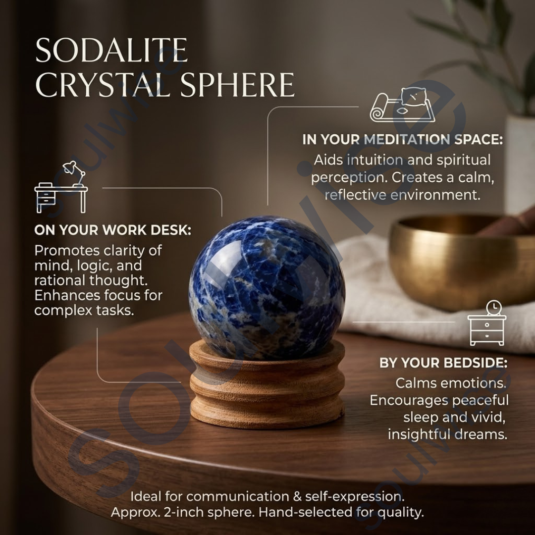 Sodalite Crystal Sphere (50–55mm) with Wooden Stand – Natural Healing Stone for Meditation, Mental Clarity, Focus & Spiritual Balance