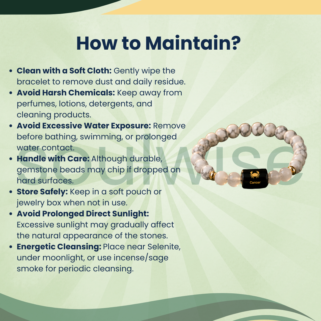 Cancer (Karka Rashi) Zodiac Bracelet – Natural Howlite & Clear Quartz Crystal Bracelet for Calmness, Clarity & Emotional Balance