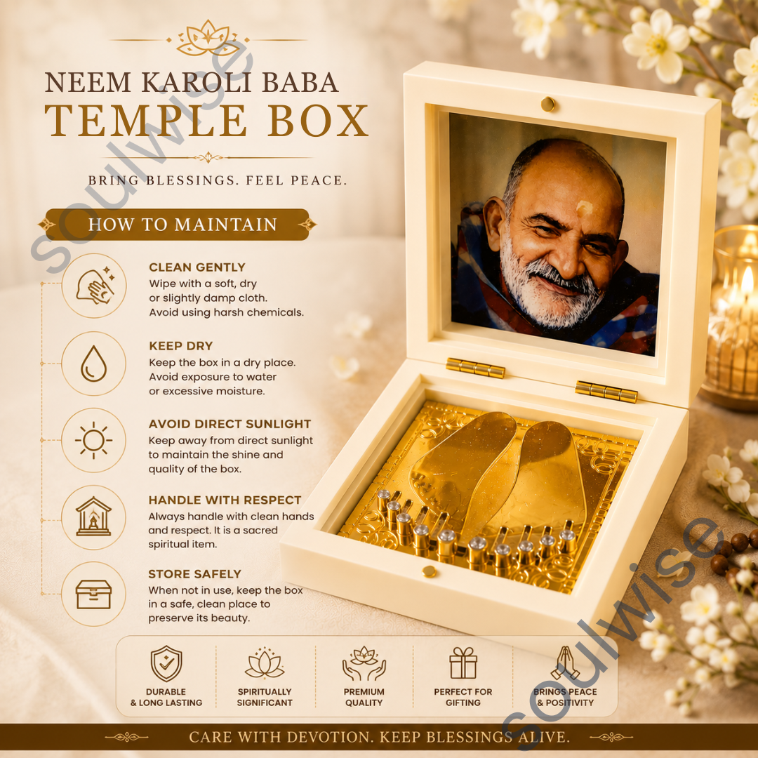 Neem Karoli Baba Golden Paduka Temple Box with Photo Frame – Divine Blessings & Spiritual Decor for Home, Office & Pooja Room (3x3 Inch)