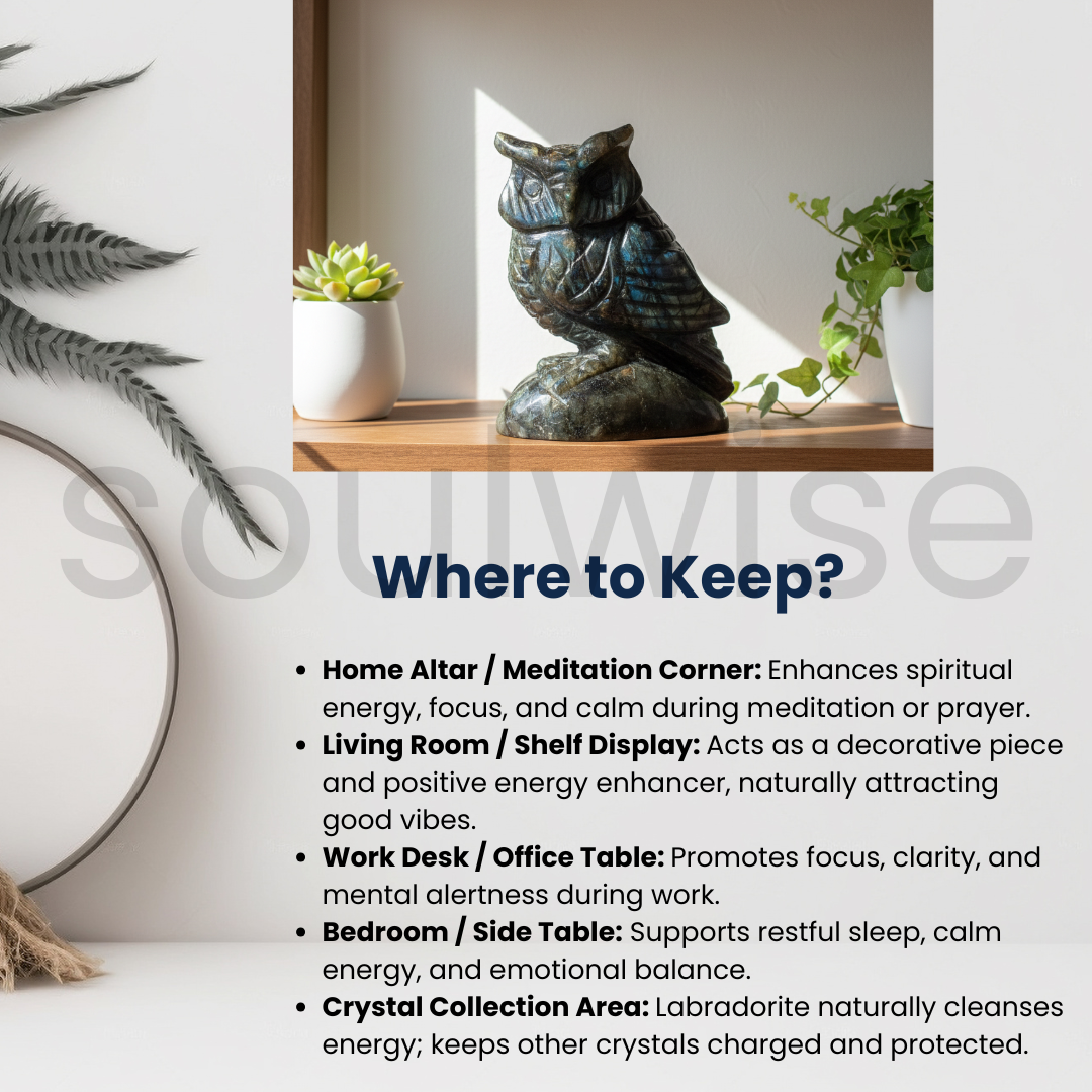 Labradorite Owl, Hand-Carved Crystal Figurine, Spiritual Decor, Meditation & Healing Stone.