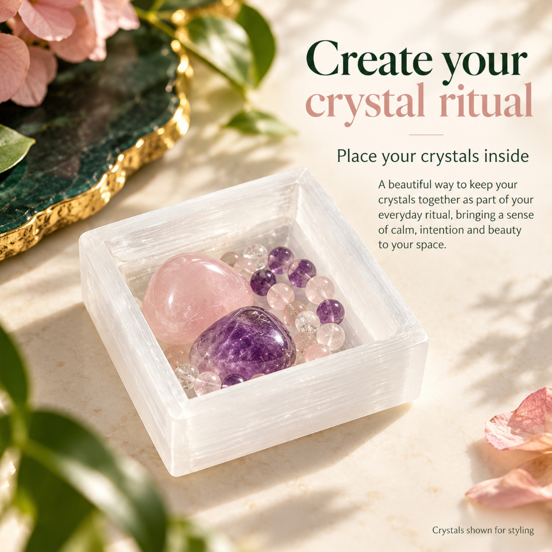 Selenite Square Charging Bowl – Crystal Holder for Gemstone Jewellery, Tumbled Stones & Spiritual Décor