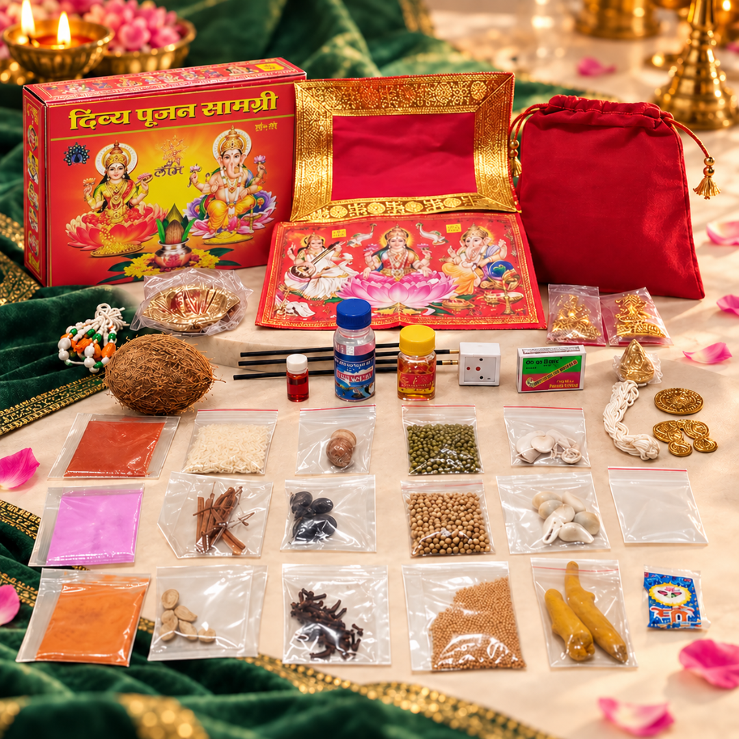 Divya Pujan Saamgri – Traditional Hindu Puja Samagri Kit for Home Worship, Diwali, Dhanteras & Religious Gifting