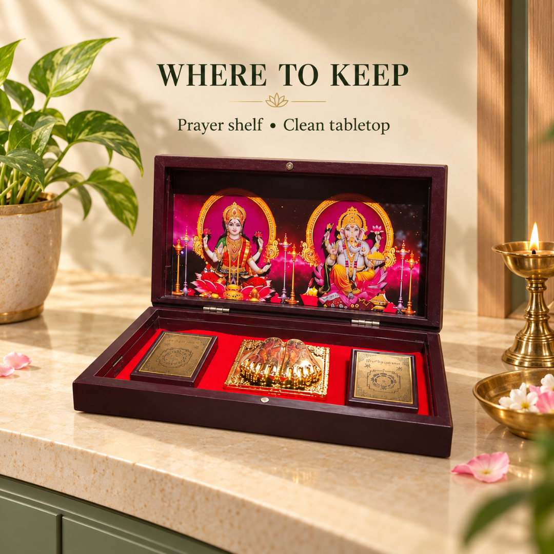 Diwali Spiritual Gift |Laxmi Ganesha Pocket Temple with Laxmi Yantra, Ganesh antra, & Charan, Gold Plated, 1 Piece 8"x5", Diwali Gift & Home Decor