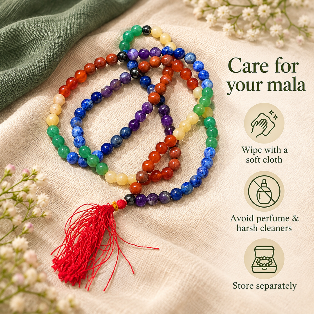 7 Chakra Crystal Jaap Mala Necklace – Natural Seven Chakra Healing Gemstone Prayer Beads for Meditation, Reiki, Energy Alignment & Spiritual Balance