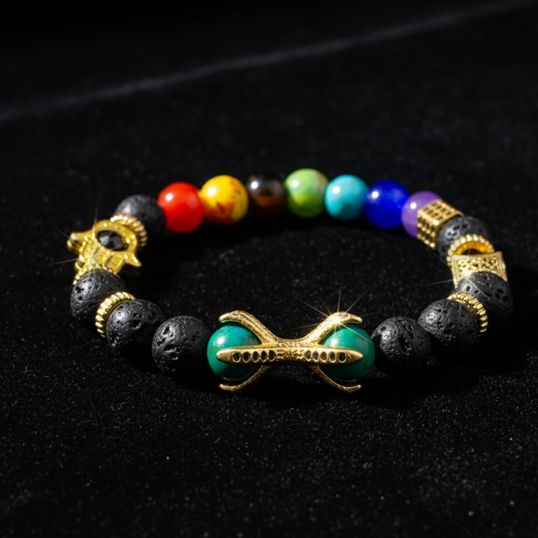 Natural Energized 7/Seven Chakra Lava Stone Hamsa Pyramid Healing Crystal Bracelet (Bead Size 8 MM)