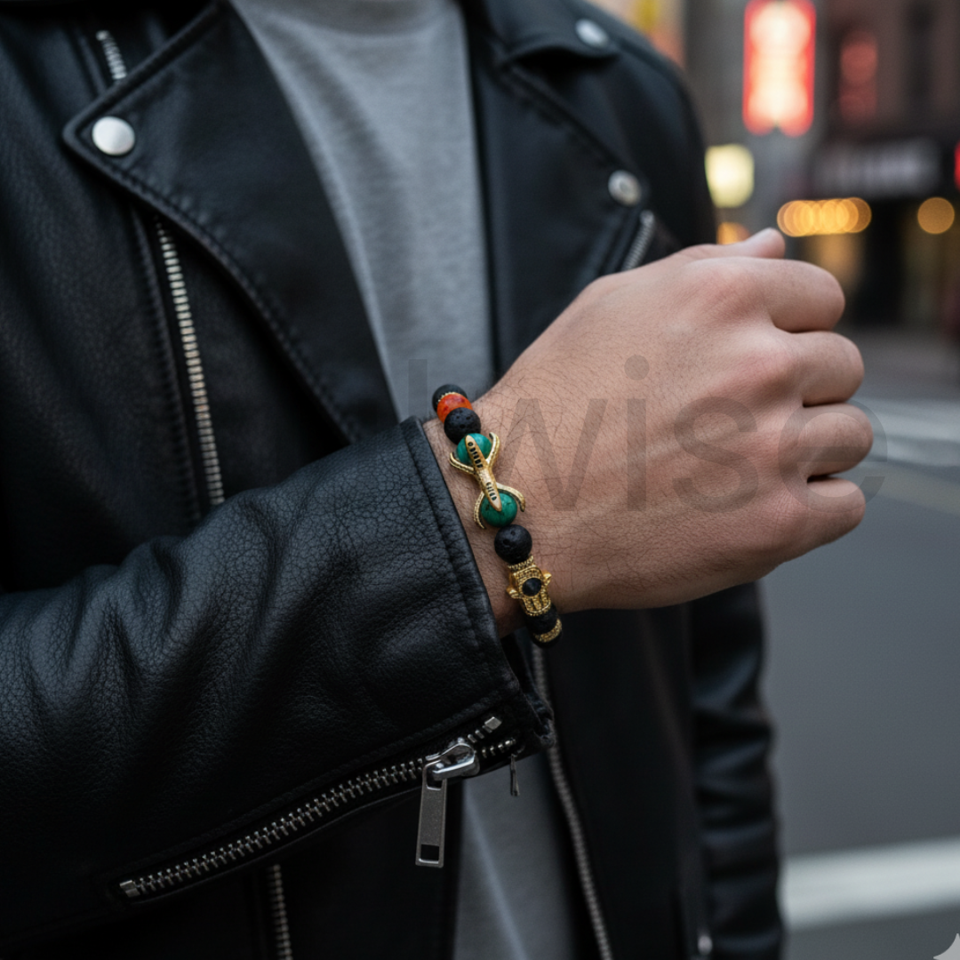 Natural Energized 7/Seven Chakra Lava Stone Hamsa Pyramid Healing Crystal Bracelet (Bead Size 8 MM)