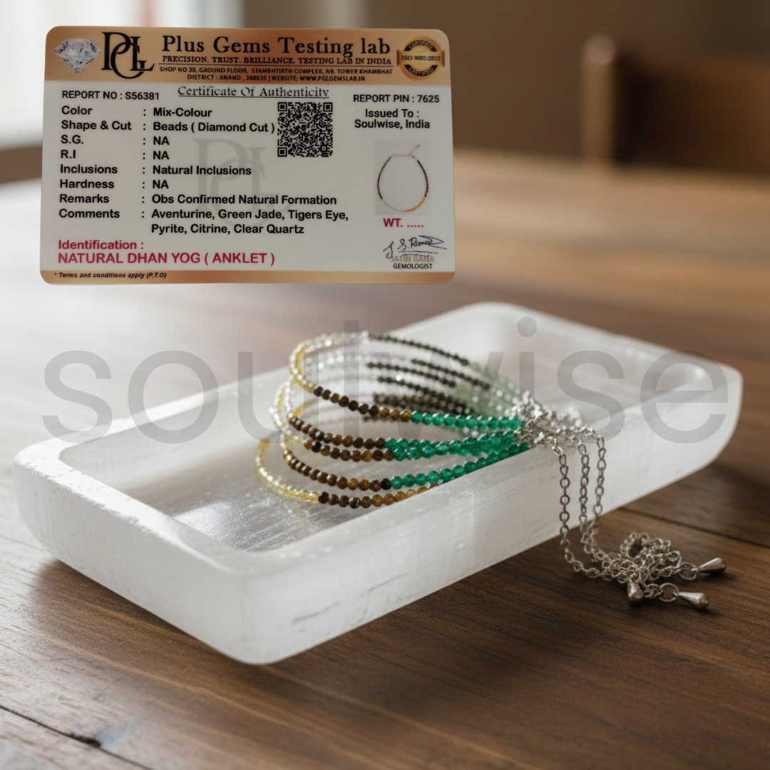 Dhanyog Anklet – Citrine, Green Aventurine, Pyrite Crystal Anklet for Prosperity, Luck, Financial Success