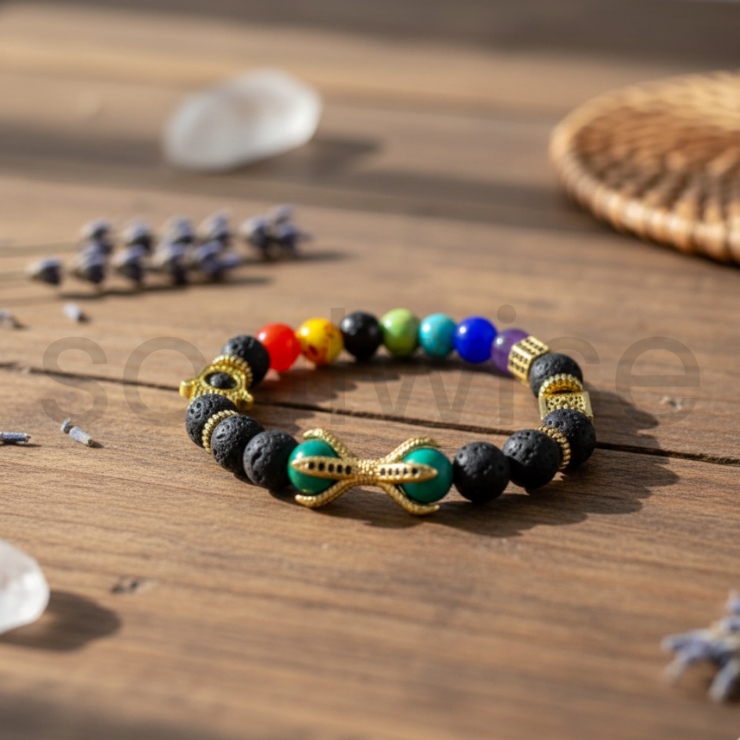 Natural Energized 7/Seven Chakra Lava Stone Hamsa Pyramid Healing Crystal Bracelet (Bead Size 8 MM)